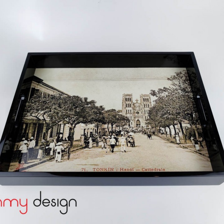 Black lacquer rectangular tray with St Joseph cathedral Tonkin Hanoi 42*32*5cm